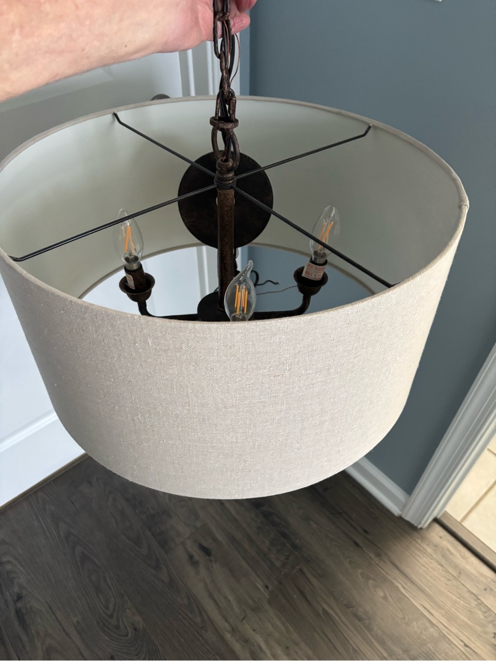 Drum Shade Chandelier in Beige Linen with Oil-Rubbed Bronze Frame